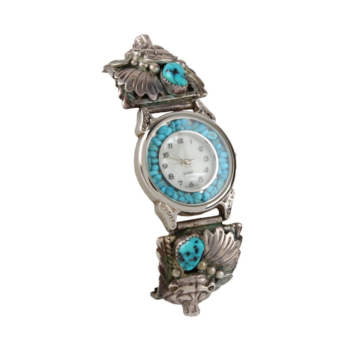 Navajo Turquoise, Coral & Silver Watch Bracelet (1 of 4)