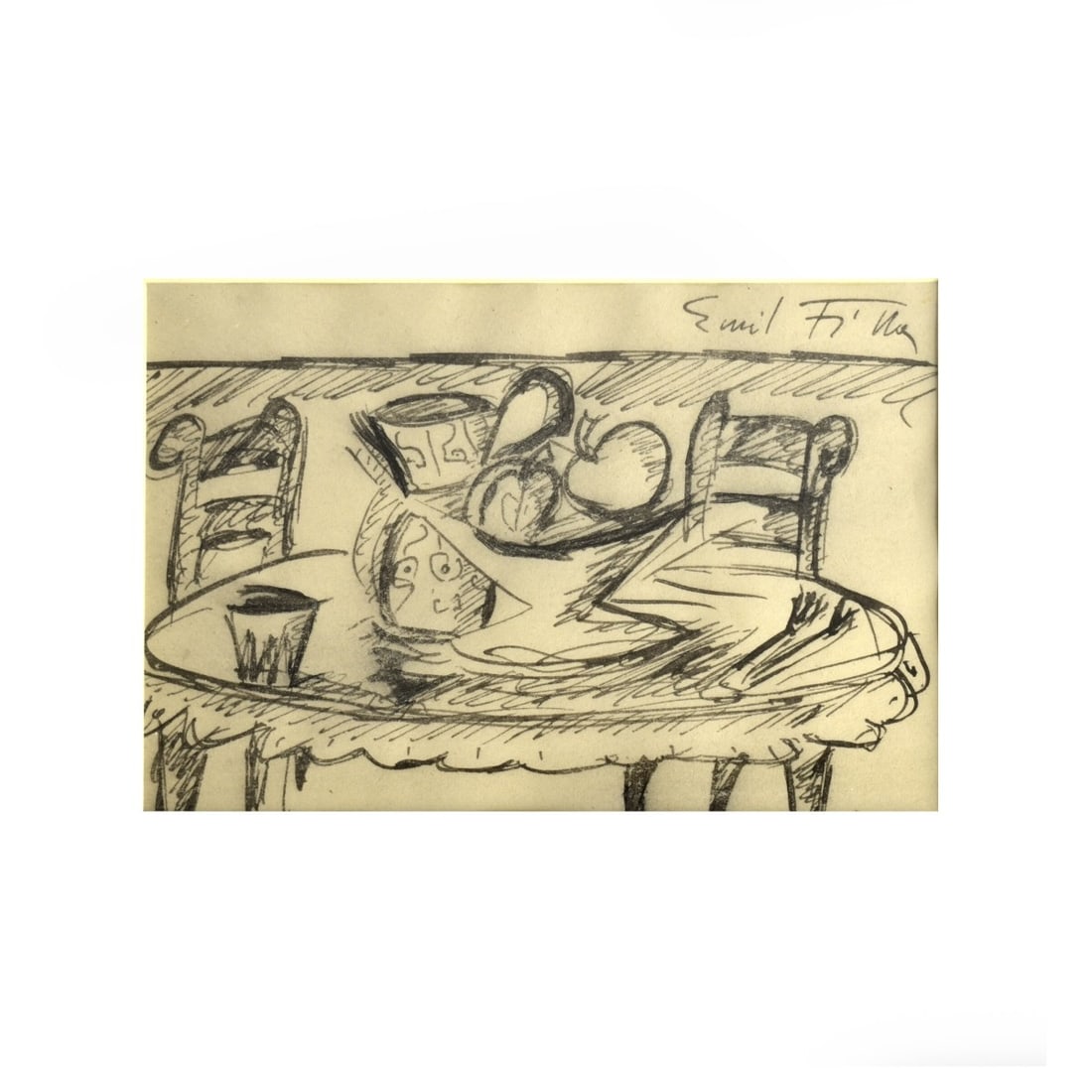 Attributed to: Emil Filla, Czech (1882-1953): Attributed to: Emil Filla, Czech (1882-1953) Still Life of a Table Setting in Watercolor and Pencil on Paper. Framed under glass. Signed upper left-hand corner. A work listed as "attributed to:" the r