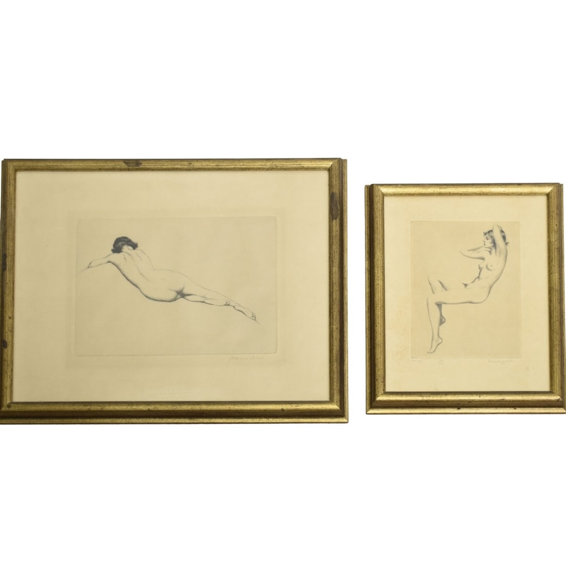 Collection of Semi-nude Etchings: Collection of Two (2) Semi-nude Etchings. Framed under glass. Consisting of one (1) Warren B. Davis, American (1865-1928) etching signed with embossed publisher's name, image area measures: 4" high, 7