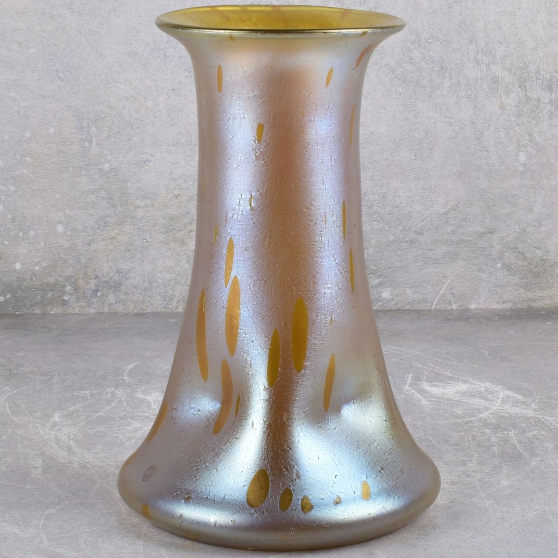 Loetz Art Glass Vase: Loetz Austrian/Bohemian Art Nouveau Iridescent Glass Vase with Four Dented Sides and an Oil Spot Decoration. Measures: 9" high, 5-7/8" diameter. From an important Palm Beach, Florida art collection. K