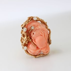 Coral, Diamond and 14K Ring