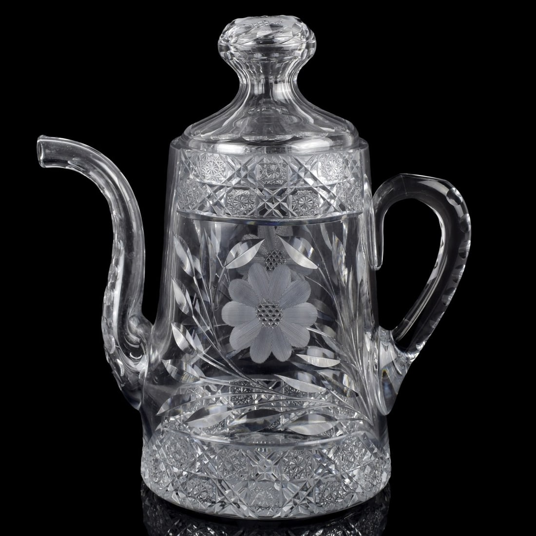 Antique Cut Glass Teapot: Large Antique American Brilliant Period Cut Glass Teapot. Measures: 12-1/4" high, 11" wide, 6-1/2" deep. From an important Palm Beach, Florida art collection. Kodner Galleries offers phone and absente