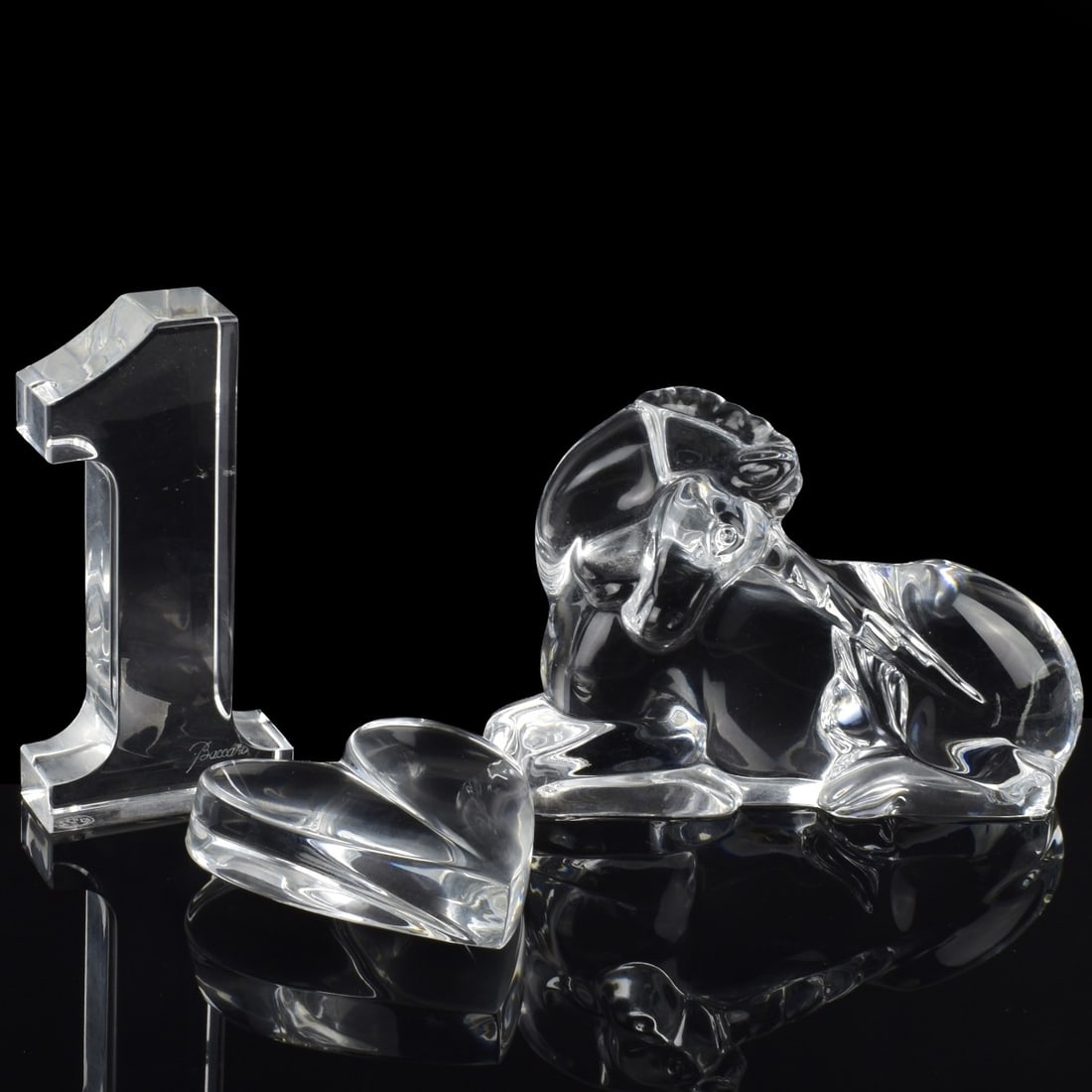 Stuben and Baccarat Crystal: Three (3) Modern Crystal Pieces. Consisting of one (1) Baccarat horse sculpture, measures: 3" high, 4-3/4" wide, 1-3/4" deep, one (1) Baccarat numeral 1, measures: 3-7/8" high, 1-7/8" wide, 3/4" deep,