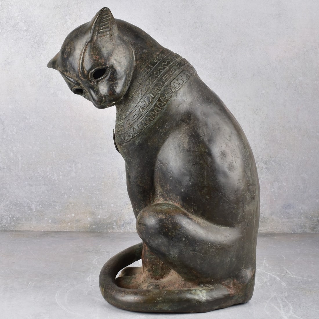 Cast Metal Egyptian Cat Sculpture: Cast Metal Egyptian Cat Sculpture after The Jules Moignez Sculpture. Measures: 18-1/8" high, 9-1/2" wide, 10" deep. From an important Palm Beach, Florida art collection. Kodner Galleries offers phone 