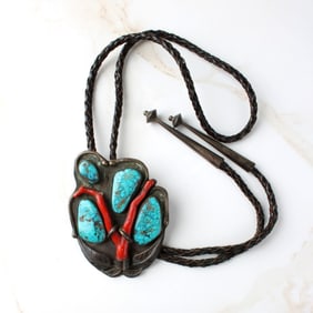 Navajo Coral, Turquoise and Silver Bolo Tie