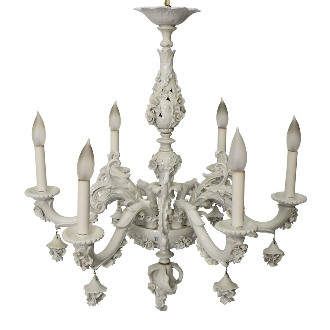 Vintage Capodimonte Porcelain Chandelier: Vintage Italian Capodimonte Six (6) Arm-Light Porcelain Chandelier with Hanging Flowers. Signed. Measures: 27" high, 25" wide. Kodner Galleries offers phone and absentee bidding at a low, flat 21% buy