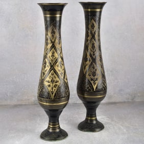 Brass Engraved and Enamel Floral Vases