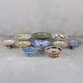 Thai Benjarong Porcelain Enameled Foot Dishes