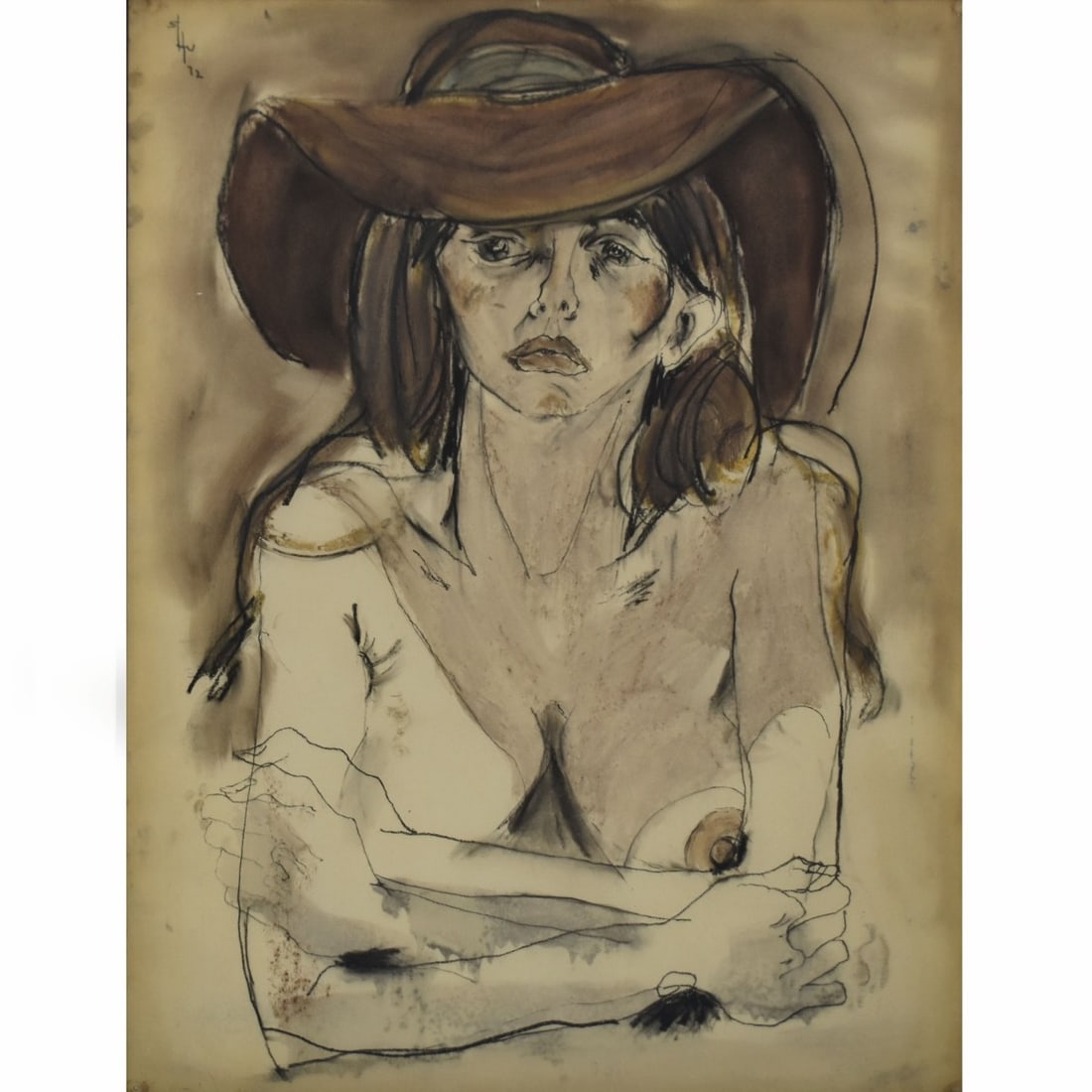 Modern Watercolor of Women: Modern Watercolor of a Semi-nude Lady. Framed under Plexiglass. Artist signed and dated "72" bottom right-hand corner. Image area measures: 33" High, 23" Wide, frame measures: 42" High, 32" Wide. Kodn