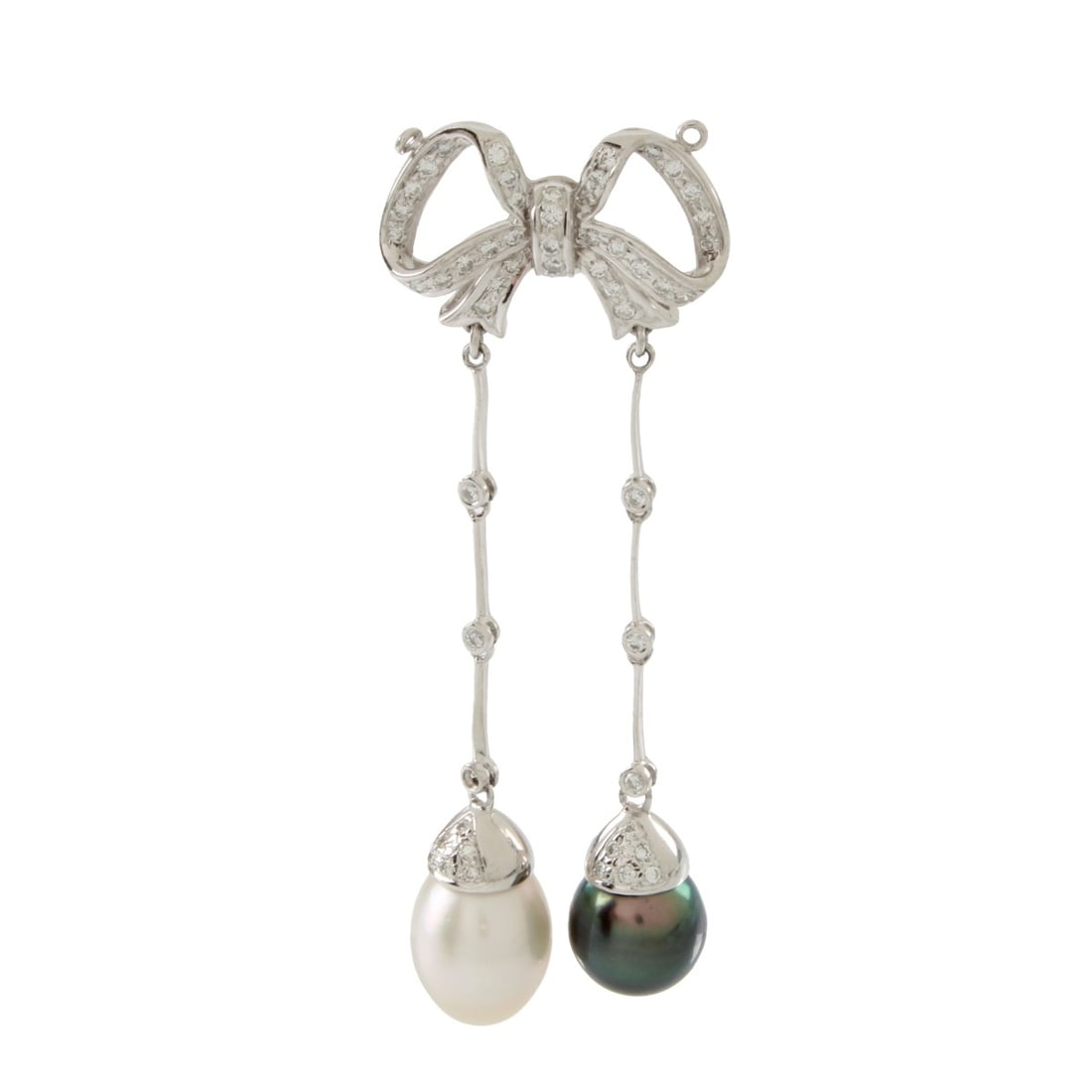 Pearl, Diamond and 18K Pendant: Baroque Black and White Pearl, Round Brilliant Cut Diamond and 18 Karat White Gold Pendant. Pearls with good luster and polish. White pearl measures 10mm. Diamonds F-G color, VS1-VS2 clarity. Measures