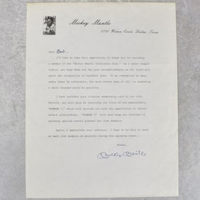 Mickey Mantle Collectors Club Signed Letter