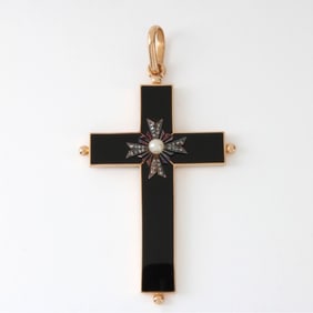 Onyx, Diamond, Pearl and 14K Cross Pendant