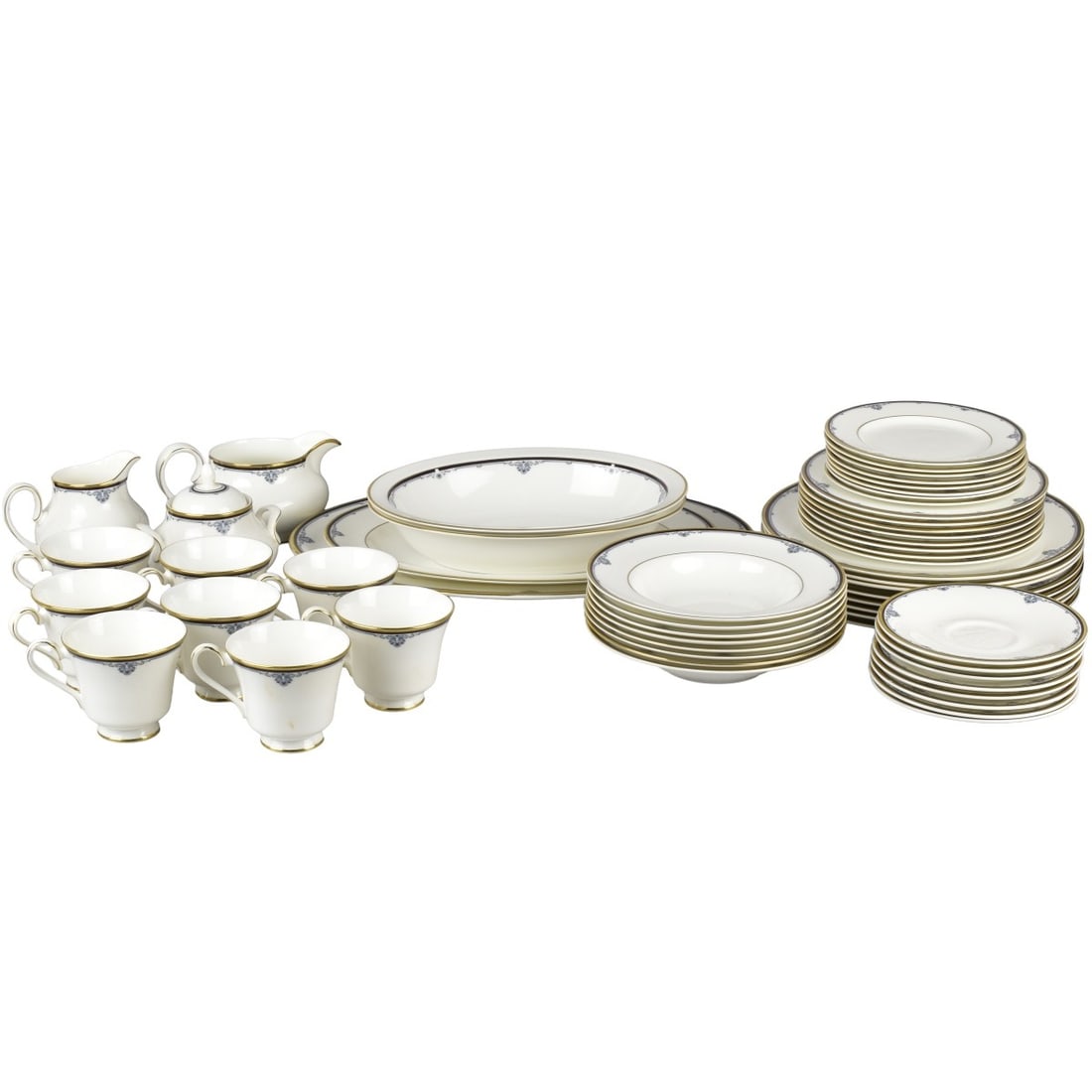 Royal Doulton Dinner Service: Fifty-five (55) Piece Royal Doulton English "Princeton" Bone China Dinner Service . Consisting of 8 dinner plates, measures: 10-3/4" diameter, 8 salad plates, measures: 8-1/8" diameter, 8 bread plates