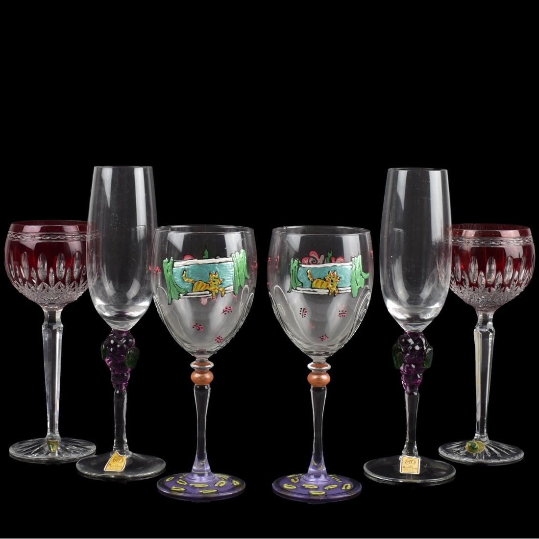 Assortment of Bar Ware Glasses: Six (6) Pieces of Assorted Bar Ware Glasses. Including two (2) Waterford ruby red crystal cut to clear goblets, acid etched "Waterford" to the bottoms, measures: 8-1/8" high. top measures: 3" diameter