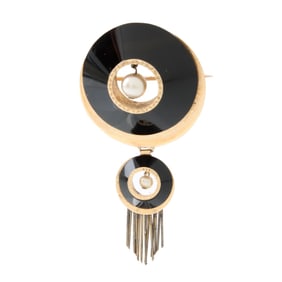 Onyx, Pearl and 14K Brooch