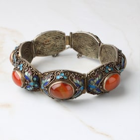 Carnelian, Enamel and Silver Bracelet