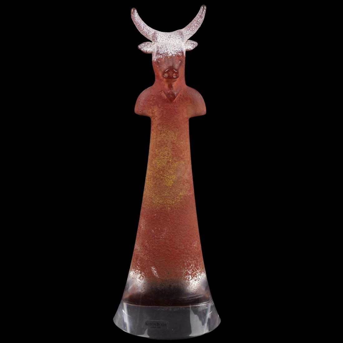 Vintage Kosta Boda "Red Bull" Sculpture: Vintage Kosta Boda "Red Bull" Art Glass Sculpture. Affixed lable to the side and signed to the bottom. Designed by Kjell Engman. Measures: 11" high, 2-3/4" wide, 3" deep. Kodner Galleries offers phone