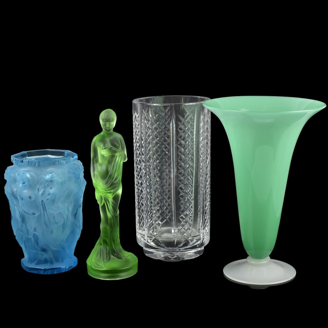 Collection of Art Glass: Collection of Four (4) Art Glass Pieces. One (1) Steuben style green glass with frosted foot, measures: 8-1/8" high, one (1) Lalique style blue vase signed to the bottom, measures: 6" high, one (1) cy