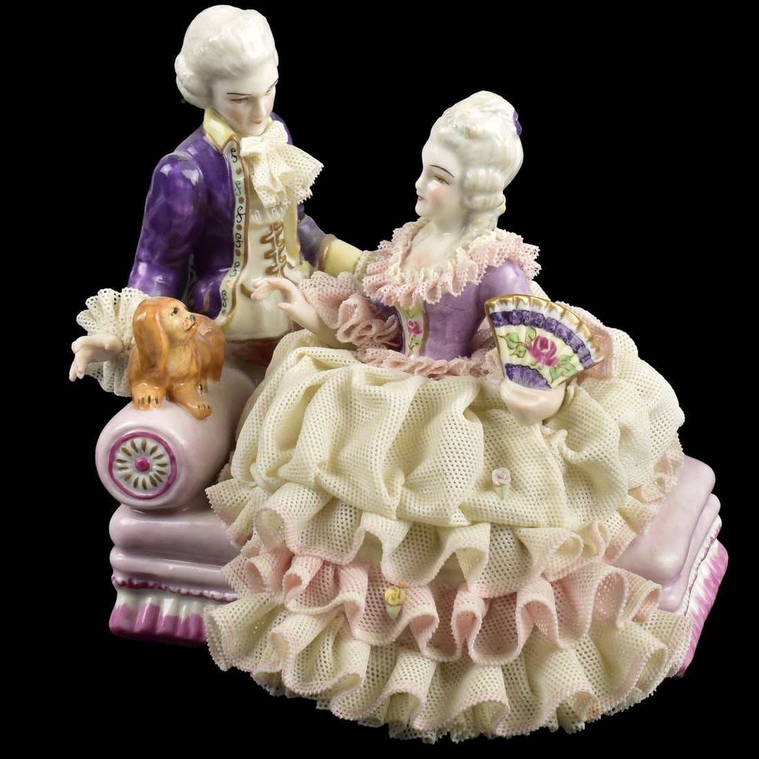 Muller Volkstedt Lace Musical Porcelain Group: Muller Volkstedt Dresden Lace Musical Porcelain Courting Group. Marked to the bottom. Measures: 6-1/8" high, 6" wide, 5-3/4" deep. Kodner Galleries offers phone and absentee bidding at a low, flat 21%