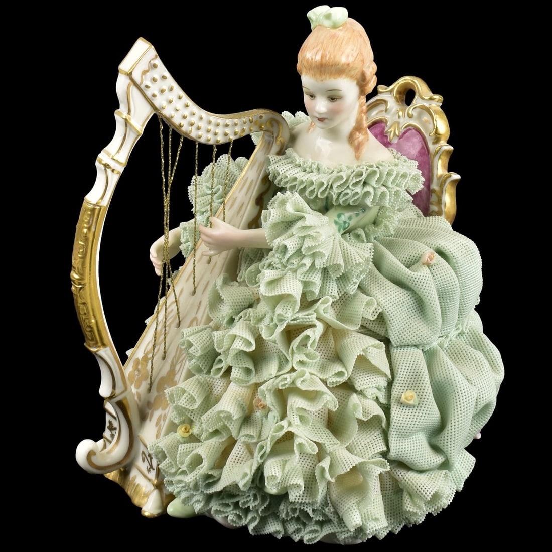 Muller Volkstedt Lace Musical Porcelain Group: Muller Volkstedt Dresden Lace Musical Porcelain Sculpture. Marked to the bottom. Measures: 7-1/8" high, 5-1/2" wide, 5-3/4" deep. Kodner Galleries offers phone and absentee bidding at a low, flat 21%