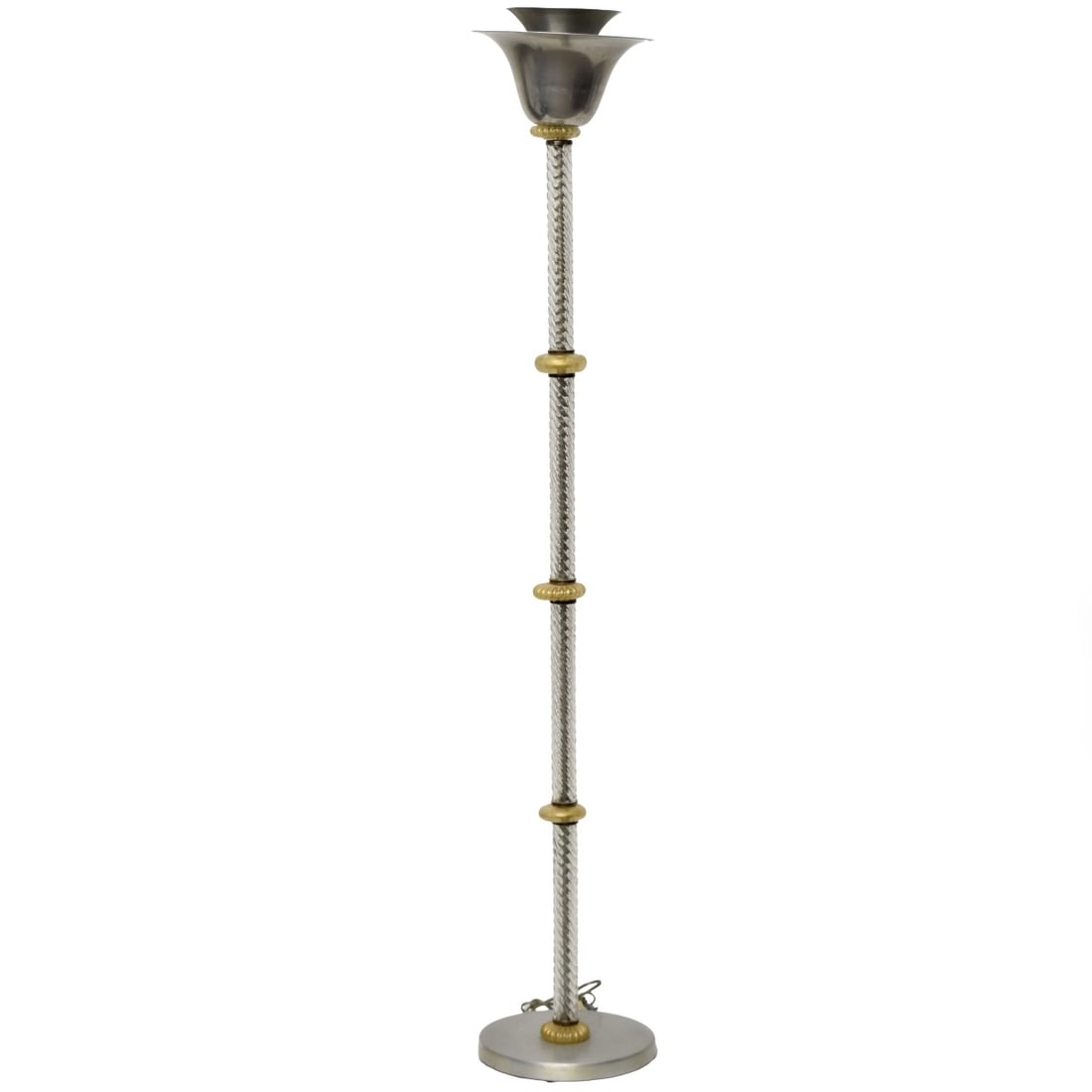 Style of Sciolar for Lightolier Glass-Metal Lamp: 20th Century Style of Sciolar for Lightolier Glass and Metal Torchere Lamp. Label affixed to the inner surface of shade. Measures: 61" high, 11" diameter. Kodner Galleries offers phone and absentee bi