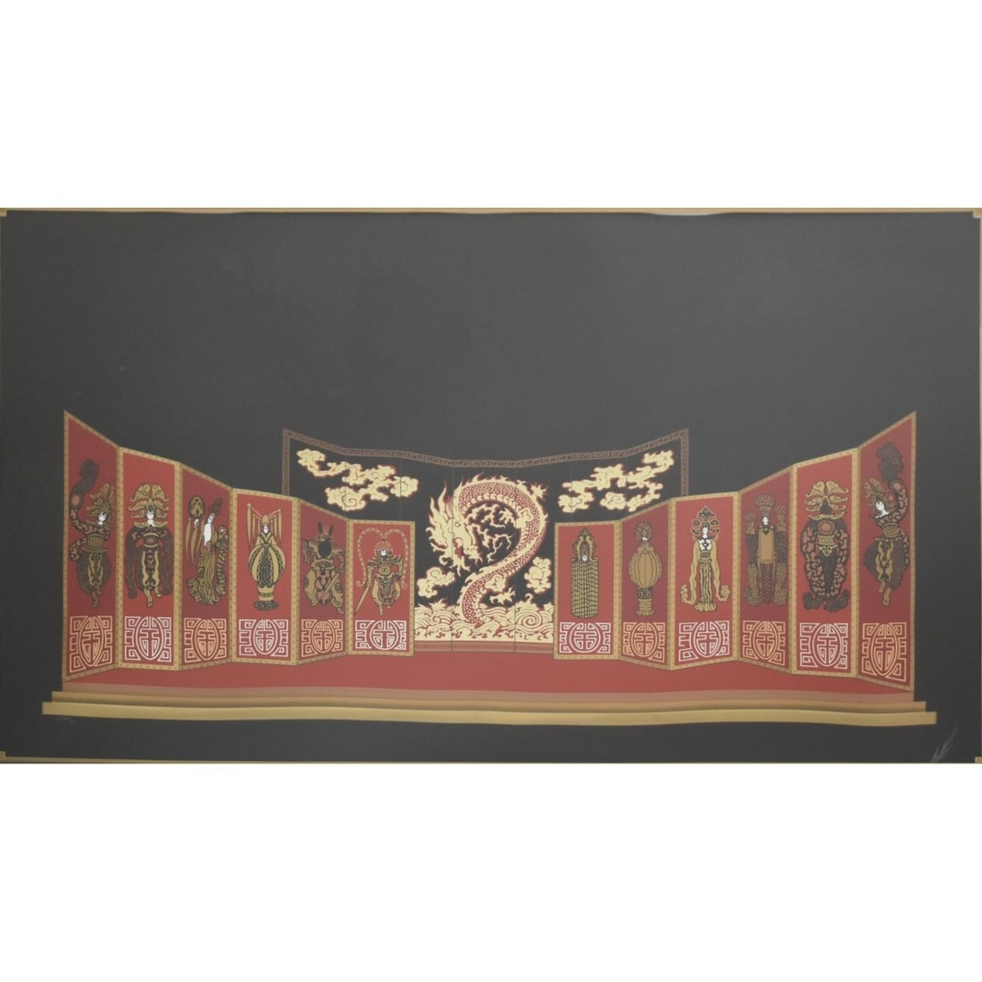 Romain (Erte) De Tirtoff, Russian (1892-1990): Romain (Erte) De Tirtoff, Russian (1892-1990) "MAH-JONG", 1985, Color Serigraph with Hot-foil Stamping on Black Paper. Framed under Plexiglass. Signed and numbered "CXVIII/CL" in Roman numerals in whi