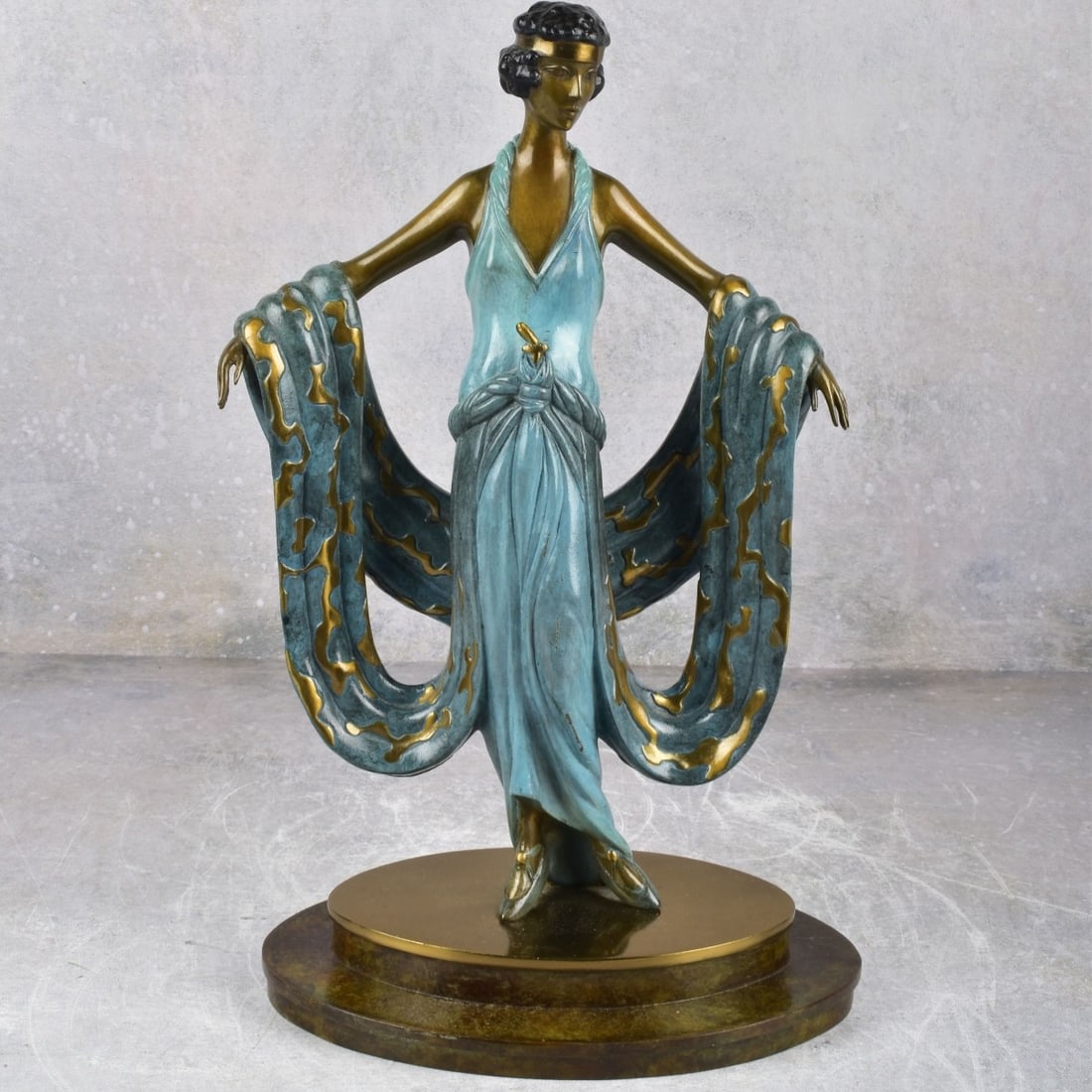 Romain (Erte) De Tirtoff, Russian (1892-1990): Romain (Erte) De Tirtoff, Russian (1892-1990) "Gala" Cold Painted Bronze Sculpture. Signed and marked "241/300 Fine Arts Acquisitions 1984". Overall measures: 15-1/4" high, 10" wide, 3-1/4" deep. Kodn