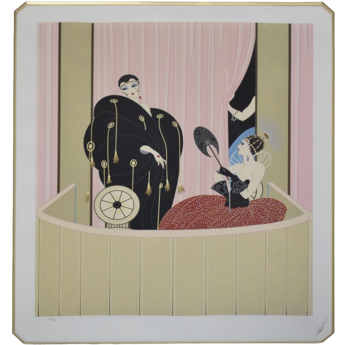 Romain (Erte) De Tirtoff, Russian (1892-1990): Romain (Erte) De Tirtoff, Russian (1892-1990) "The Opera" Embossed Lithograph with Foil Stamping on Thick Woven Paper. Framed under glass. Signed in pencil lower right, numbered lower left "236/300".