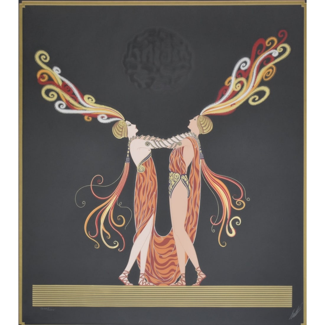 Romain (Erte) De Tirtoff, Russian (1892-1990): Romain (Erte) De Tirtoff, Russian (1892-1990) "Kiss of Fire" Embossed Lithograph with Foil Stamping on Thick Woven Paper. Signed in pencil lower right, numbered lower left "CLXXVI/CLXXV".Framed under