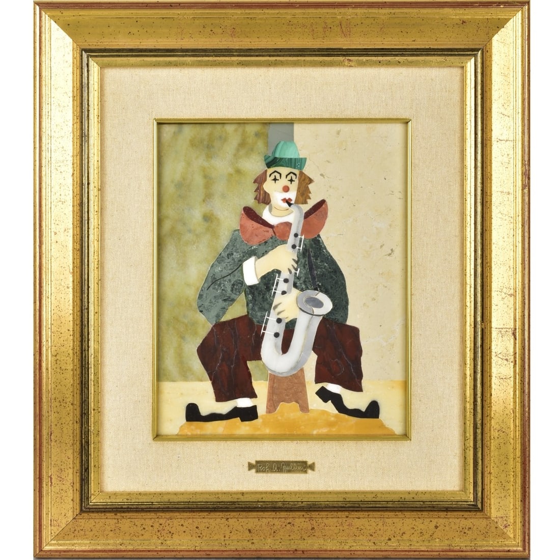 Prof. A. Zuillim Italian Pietra Dura: Professor A. Zuillim Italian Late 20th Century Pietra Dura Inlaid Stone Portrait of a Clown Playing a Saxophone. Affixed name plate to the lower center as well as signed verso. Image area measures: 9-