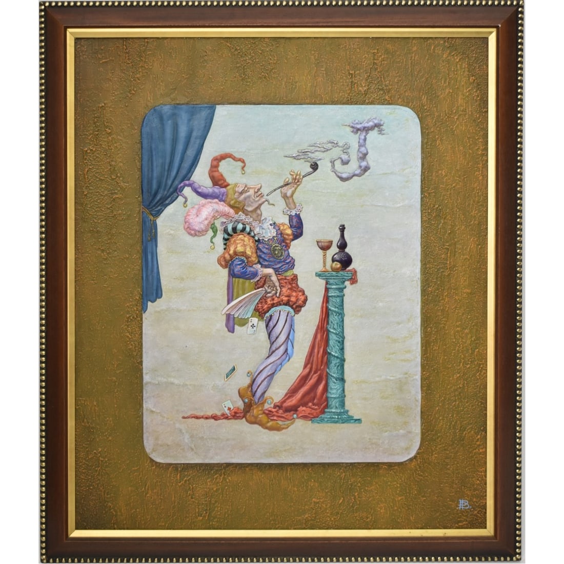 V. B. Dobroserdou, Russian: V. B. Dobroserdou, Russian. Three (3) Dimensional Painting on Board of an Imaginative Jester Blowing Smoke with a Jug of Wine and a WIne Glass on a Pedestal. Artist signed to the back. Image area meas