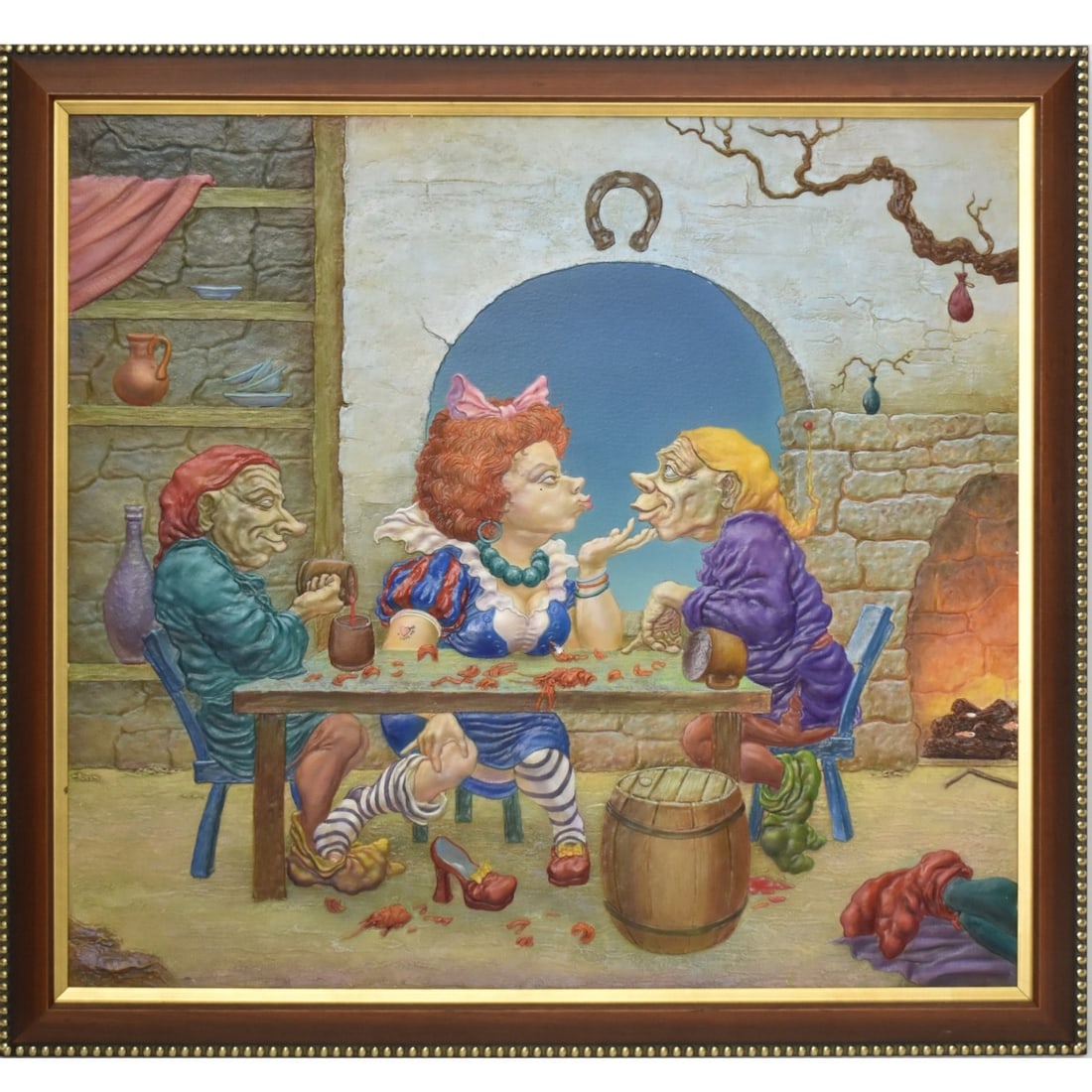 V. B. Dobroserdou, Russian: V. B. Dobroserdou, Russian. "The Weekend" Three (3) Dimensional Painting on Board of Three (3) Imaginative Figures Gathered Around a Table Eating Lobsters and Having Wine. Artist signed to the back. I