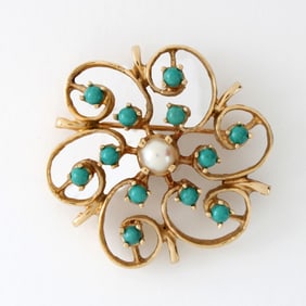 Turquoise, Pearl and 14K Brooch