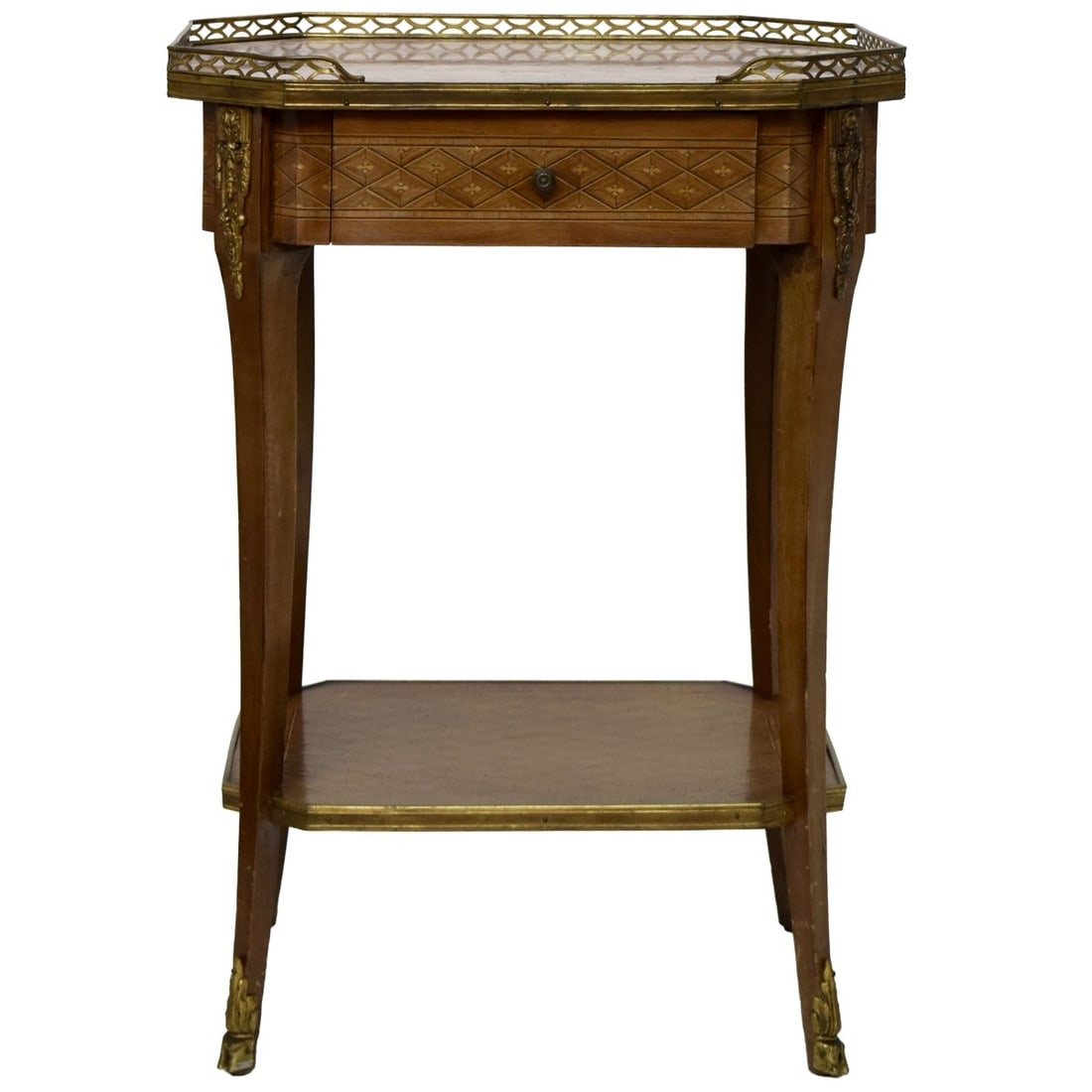 Vintage Inlaid Wood Console Table: Vintage Inlaid Wood with Marble Top and Gilt Bronze Console Table with Lower Shelf. Measures: 29" high, 20-1/2" wide, 17" deep. Kodner Galleries offers phone and absentee bidding at a low, flat 21% bu