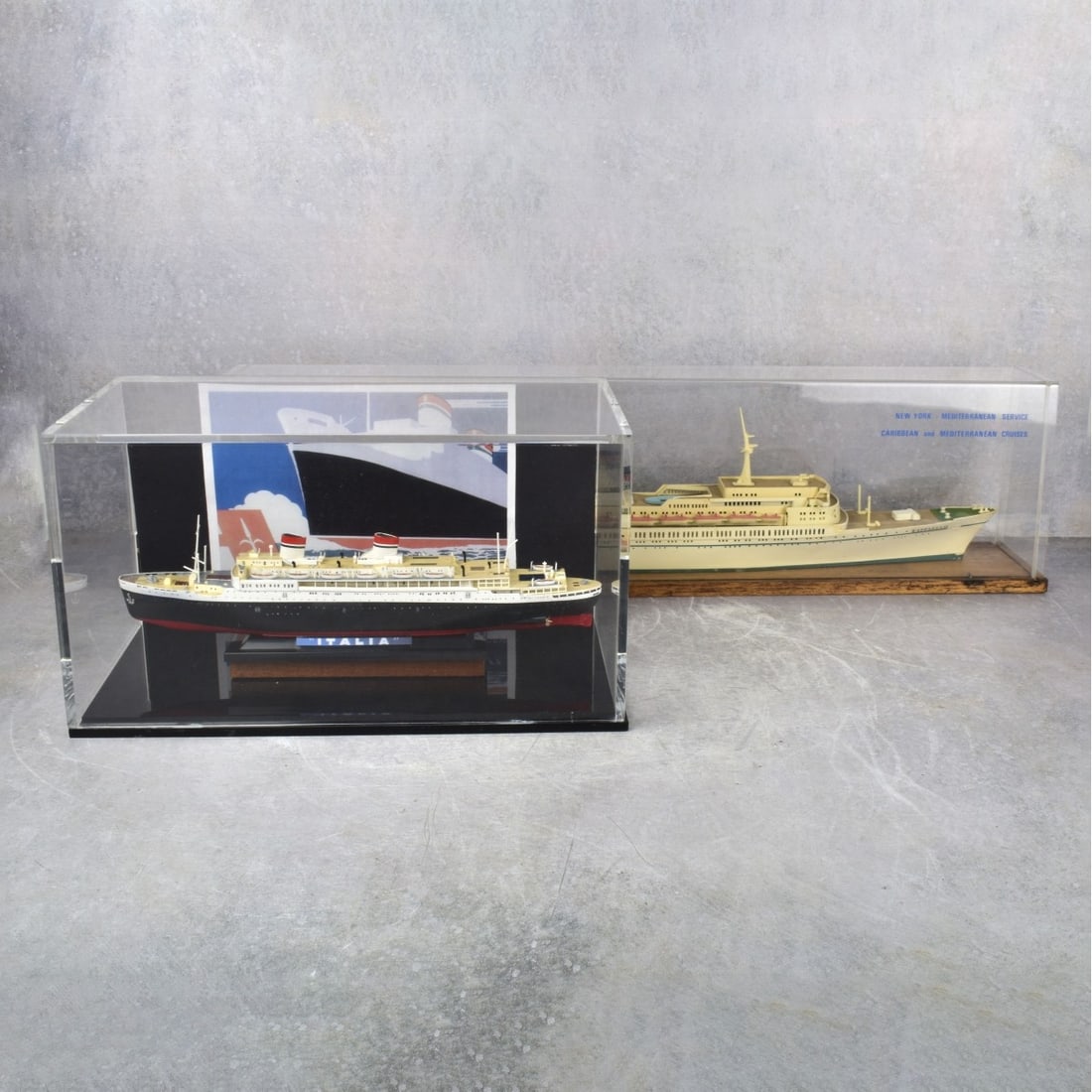 Ocean Liner Vintage Ship Models: Two (2) Vintage Ocean Liner Ship Models. Including one (1) SS. Michelangelo and Raffaello Italian Line ship model in plexiglas and wooden display case, "New York- Mediterranean Service, Caribbean and