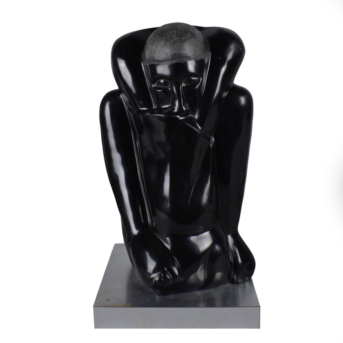 Sandy Frank, American (20th-21C.) Stone Sculpture: Sandy Frank, American (20th-21st cent.) Carved Stone Abstract Sculpture of a Seated Nude Man on Laminate Base. Unsigned. Sculpture measures 16" H, 9" W. Provenance: estate of the artist. Kodner Galler