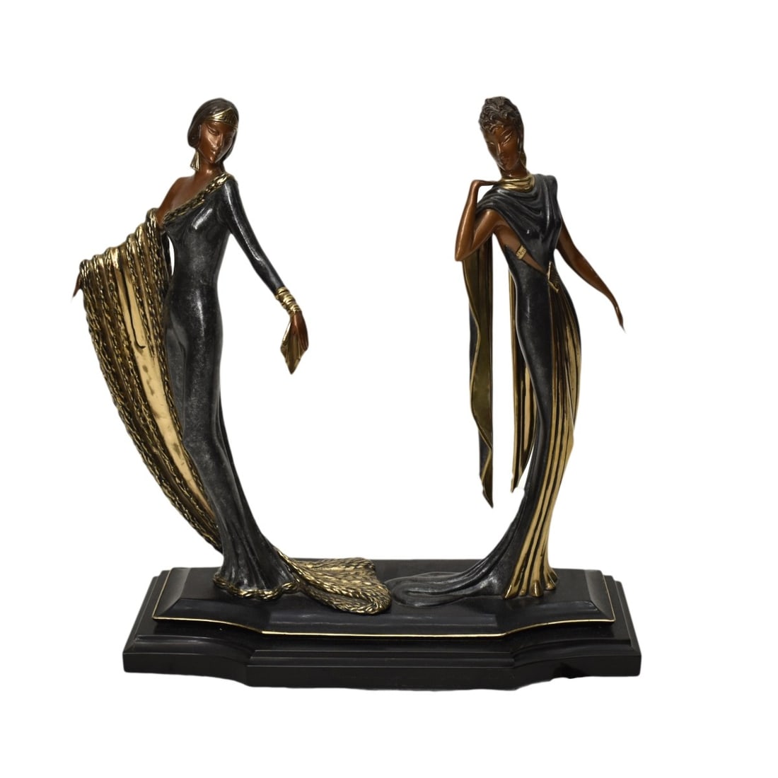 Erte Bronze Figure "Duetto": Erte (Romain De Tirtoff, Russian/French: 1892-1990) A bronze figurine titled "Duetto" of two elegantly dressed ladies wearing flowing gowns. Stamped "3/500 C 1988 Seven Arts LTD. London" also stamped