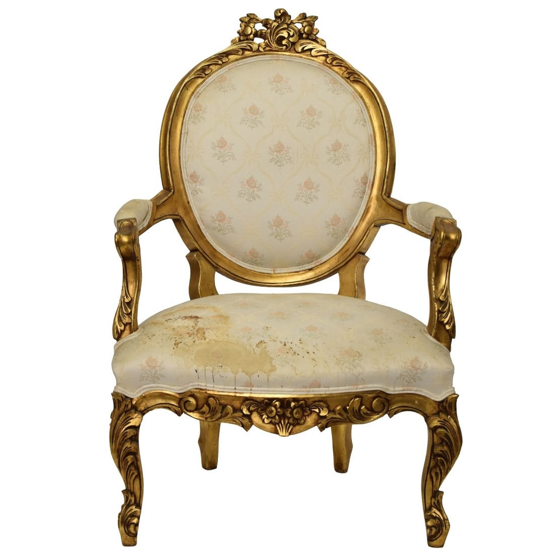 French Louis XVI Style Upholstered Giltwood Chair: French Louis XVI Style Upholstered Giltwood Chair. Measures: 39" high, 26" wide, seat measures: 16" high. Kodner Galleries offers phone and absentee bidding at a low, flat 21% buyer’s premium withou