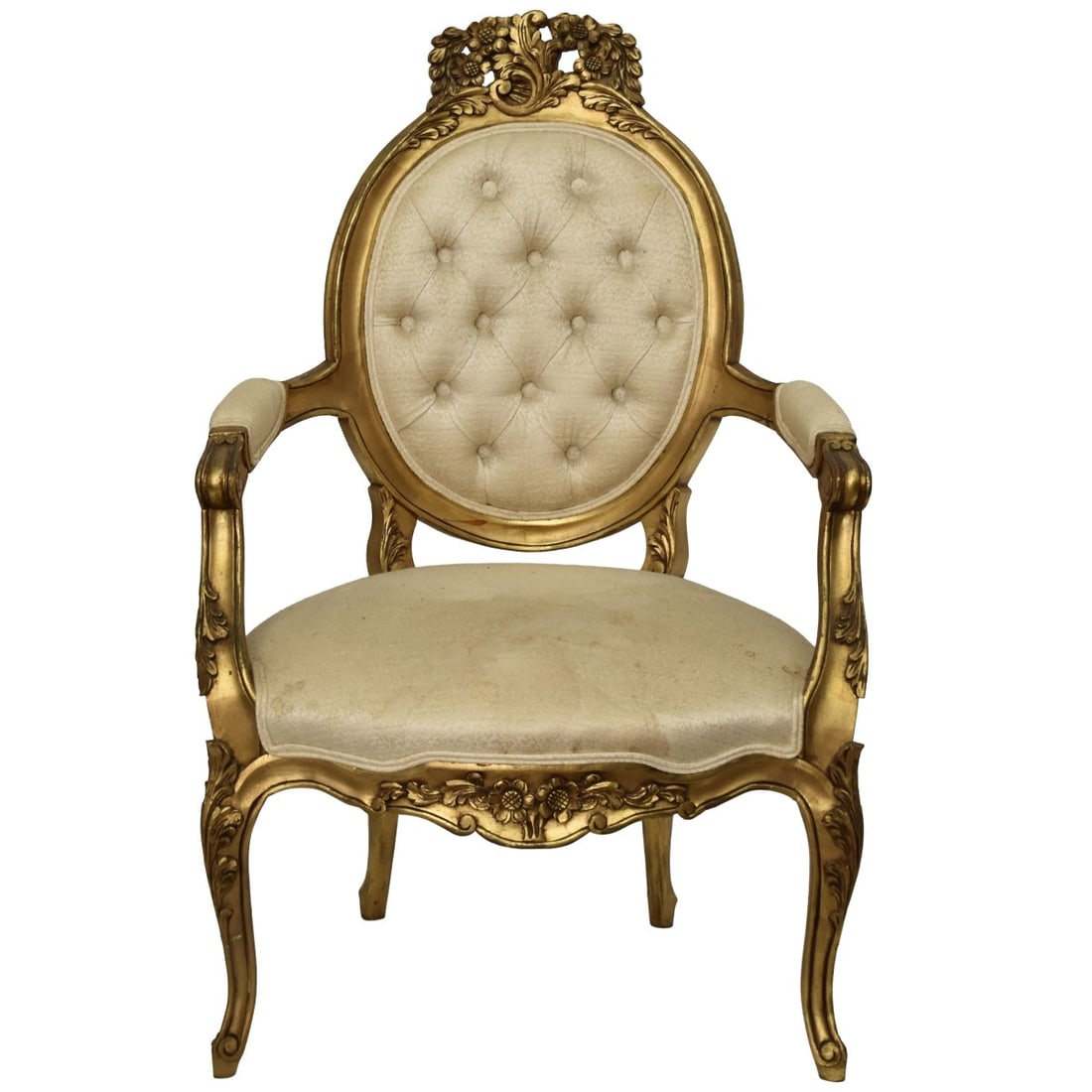 French Louis XVI Style Upholstered Giltwood Chair: French Louis XVI Style Upholstered and Tuffed Giltwood Chair. Measures: 42" high, 26" wide, seat measures: 16" high. Kodner Galleries offers phone and absentee bidding at a low, flat 21% buyer’s pre