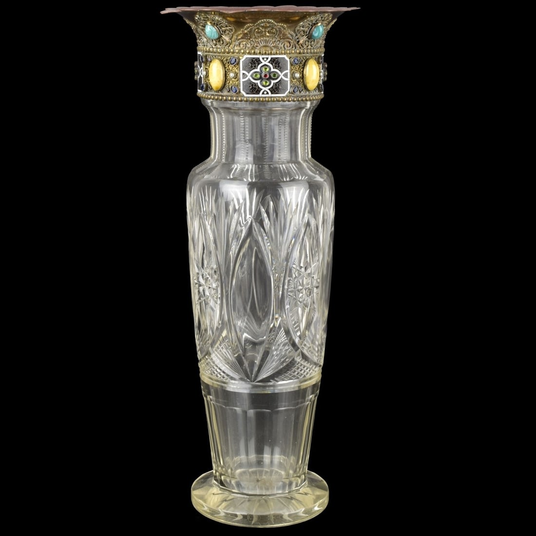 Antique Persian Glass Vase: Antique Persian Influenced Glass Vase With Cloisonné Bronze Mounting Inset With Gemstones. Gemstones include sapphires, peridot, malachite, garnet, pearls. Unsigned. Measures 15-1/2" H. Kodner Galler