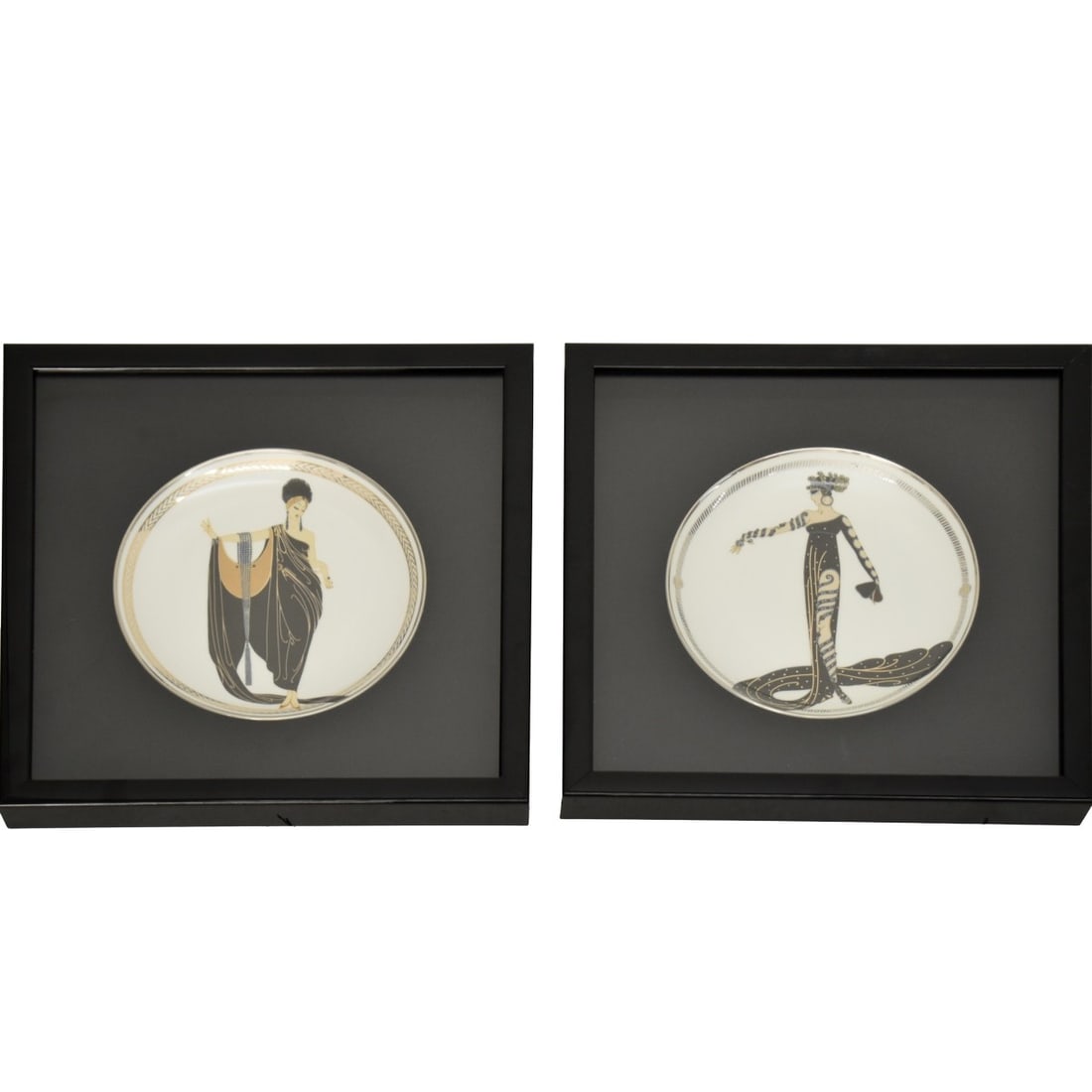 Framed Erte Limited Edition Dishes: Two (2) Framed Erte Limited Edition Dishes Stamped and Numbered to the Back. One each of "GLAMOUR" and "LA MERVEILLEUSE" dishes measure: 7-3/4" diameter, frames measures: 13-1/2" square, 1-3/8" deep.