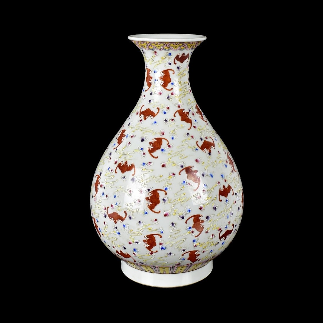 Large Chinese Famille Rose Fu Bats Vase: Large Chinese Famille Rose Fu Bats Pear-Shaped Porcelain Vase. Signed on the base. Measures 12-1/4" H., 7-1/2" Dia. Kodner Galleries offers phone and absentee bidding at a low, flat 21% buyer’s prem