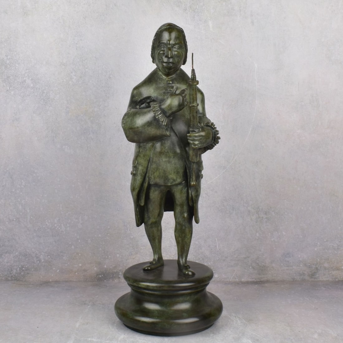 Mihail Chemiakin, Russian (b. 1943): Bronze Sculpture Depicting a Carnival Character, from The Carnivals in St. Petersburg Series. Circa: 1990s. Mounted on a round shaped bronze stand. Signed, numbered 5 of 8, inscribed with Artist Proof