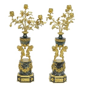 19C French Bronze & Marble Cherub Candelabra