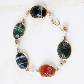 Vtg. 14K Yellow Gold Multi Gemstone Scarab Braclet