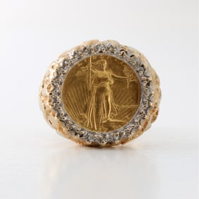 Gold Coin, Diamond and 14K Ring