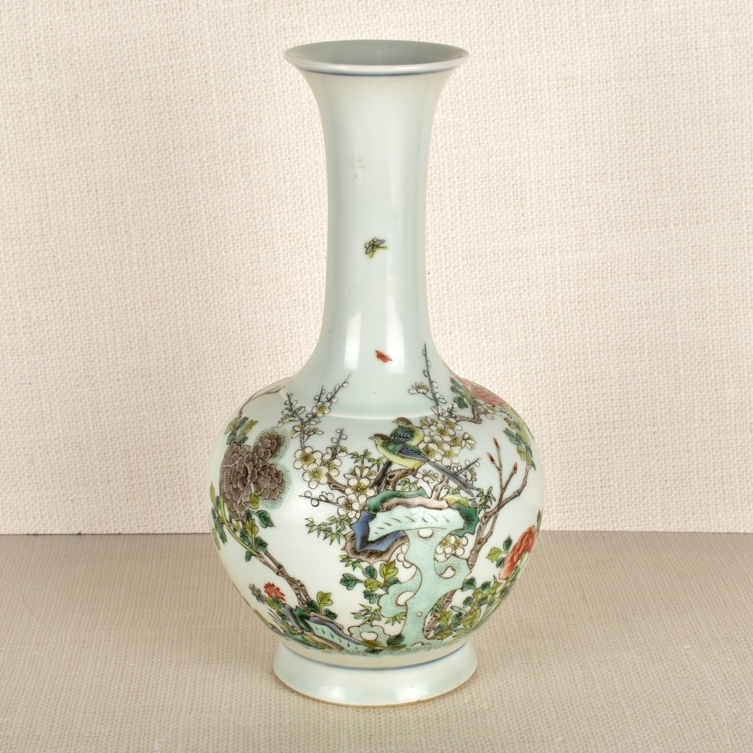 Chinese Porcelain Famille Verte Vase: Chinese Porcelain Famille Verte Vase Decorated with Cherry Branches and Perched Birds with a Top Flared and Inverted Rim. Marked with the Kangxi Dynasty Reign Mark on the Bottom. Measures: 10-1/4" H, 
