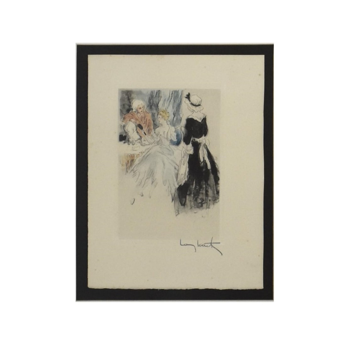 Louis Icart, French (1888-1950): Louis Icart, French (1888-1950) Art Deco Colored Etching Titled "Maid Service". Image area measures: 7-1/2" H, 5-1/2" W, frame measures: 27-1/2" H, 23-1/2" W. Kodner Galleries offers phone and absente