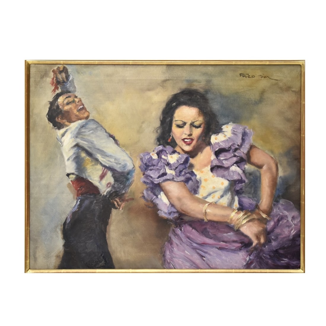 Pal Fried, Hungarian (1893-1976): Pal Fried, Hungarian (1893-1976) Oil on canvas of a man and lady dancing the flamenco. Viewing area measures: 19" H, 25-1/2" W, frame measures: 29" H, 34-1/2" W. Kodner Galleries offers phone and abse