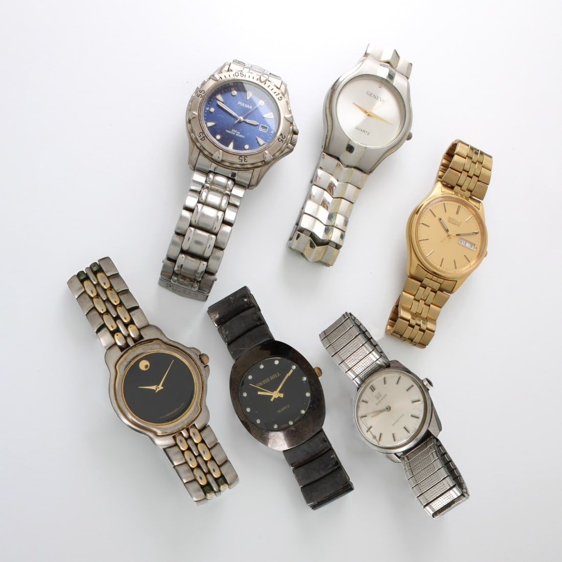 Vintage Men's Quartz Watches: Collection of Six (6) Vintage Men's Quartz Watches. Including: Seiko, Pulsar, Movado Tissot and others. Kodner Galleries offers phone and absentee bidding at a low, flat 21% buyer’s premium without